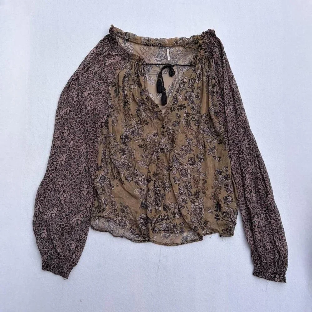 Free People Hendrix Brown Sheer Floral Tassel Puff Sleeve Peasant Blouse Sz S